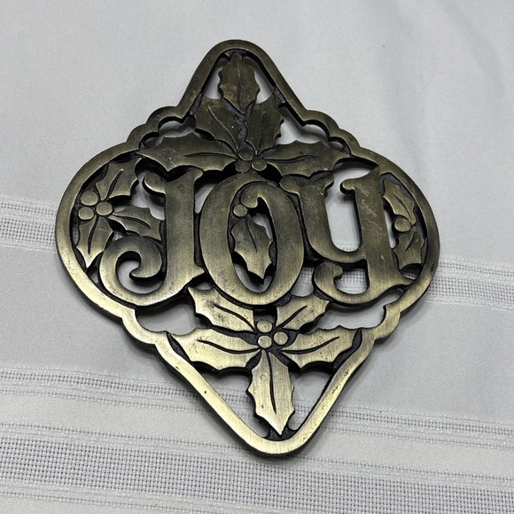 Other - Vintage Brass Look Holly & Joy Christmas Trivet / Wall Plaque